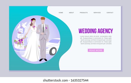 Wedding agency with bride and bridegroom and car vector illustration for web template. Beautiful bride and wedding car, cake. Bridal and wedding services