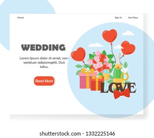 Wedding agency landing page template. Vector flat style design concept for wedding planner website and mobile site development. Ring with diamond, balloons, gift boxes, bouquet of flowers, champagne.