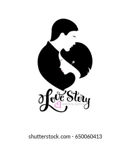 Wedding agency logo with silhouettes bride and groom and modern brush lettering