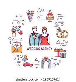 Wedding agency web banner. Infographics with linear icons on white background. Creative idea concept. Isolated outline color illustration.