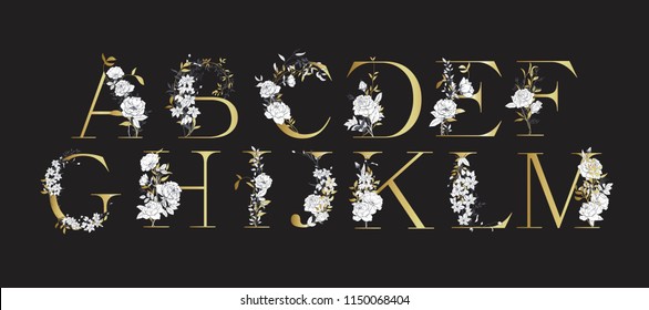 Alfabeto de boda. Iniciales con elementos botánicos. Disposición monográfica. Diseño de letras florales. Flores dibujadas a mano. Composición para tarjeta, invitación, guardar la fecha, logotipo, estilo de negocio.