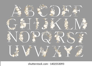 Wedding alphabet. Initials with botanical elements. Monogram arrangement. Floral letter design. Hand drawn flowers. Composition for card, invitation, save the date, logo, business identity style.