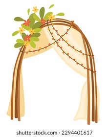 Wedding altar. Beautiful wedding arch with flowers, leaves and garlands. Altar for the marriage ceremony. Vector hand draw illustration isolated on the white background. 