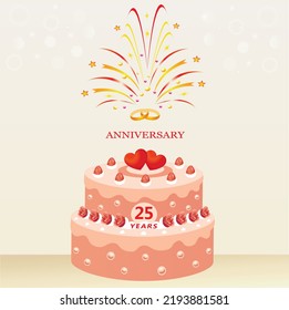 Wedding Anniversary 25 Years. Cake With Hearts And Rings, Decorated With Strawberries And Roses On The Background Of Fireworks. Vector Illustration