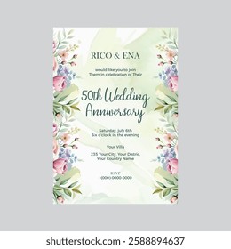 Wedding anniversary card with green flowers