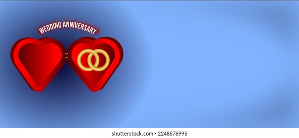 Wedding anniversary card with red heart golden wedding rings on blue background.