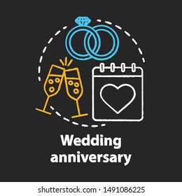 Wedding anniversary chalk concept icon. Marriage, engagement celebration date idea. Bridal party. Champagne, calendar and rings. Vector isolated chalkboard illustration