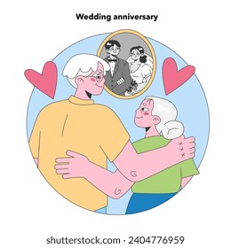 Aniversario de la boda. La pareja de ancianos recuerda su viaje de toda la vida, apreciando su amor y compañía. Ilustración vectorial plana.