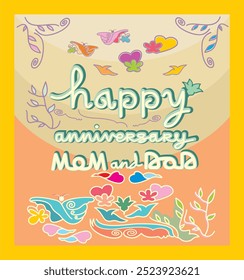 Wedding anniversary greeting card for a special couple with colorful flower illustration and butterflies flying around the words "Happy Anniversary". Great for couples who want to celebrate their spec