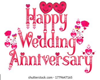Wedding Anniversary. Happy Anniversary. Anniversary wish. Marriage anniversary. Husband wife marriage. Word art label. Love emoticon stickers.  Pink hearts rose flower butterflies vector pattern.