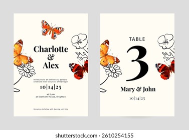 Wedding anniversary invitation and table card with butterflies, floral line art, elegant typography. Romantic, natural, festive mood. Perfect for events, receptions, wedding stationery. Vector illustr
