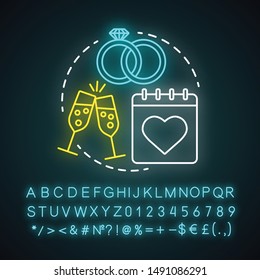 Wedding anniversary neon light concept icon. Marriage, engagement celebration date idea. Bridal party. Champagne, calendar and rings. Glowing alphabet, number and symbols. Vector isolated illustration