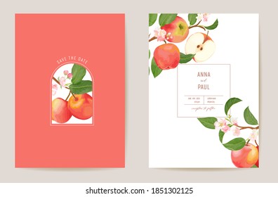 Wedding apple floral vector card, exotic fuits, flowers, leaves invitation. Watercolor template frame. Botanical Save the Date foliage cover, modern poster, trendy design, luxury background