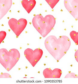 Wedding aquarelle pink seamless pattern with hearts.