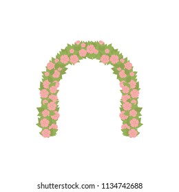 Wedding arc door with flowers isolated on white. Romantic watermelon color for wedding design. Wedding decor fashion interior. Decoration with roses. Save the date archway. Memorable great day. Vector