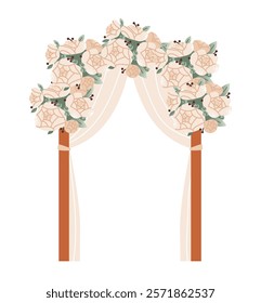 Wedding arch adorned with flowers and a romantic floral arrangement. Flat vector illustration.