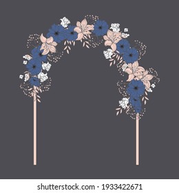Wedding arch with blue and pink flowers . Vector illustration.