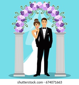 Wedding arch with bride and groom. Bride and groom. Wedding decoration. Vector illustration.