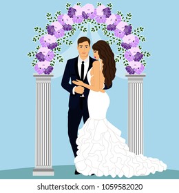 Wedding arch with bride and groom. Bride and groom. Wedding design. Wedding decoration. Vector illustration.