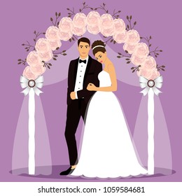 Wedding arch with bride and groom. Bride and groom. Wedding design. Wedding decoration. Vector illustration.