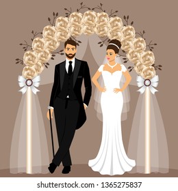 Wedding arch with bride and groom. Bride and groom. Wedding design. Wedding decoration. Vector illustration.