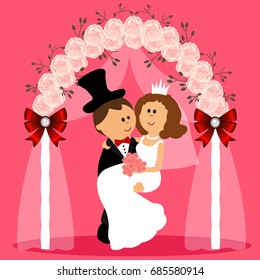 Wedding arch with bride and groom isolated on white background. Bride and groom. Wedding design. Wedding decoration. Vector illustration.