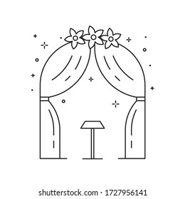 Wedding Arch For Ceremony Line Art Icon. Reception Design Element Decorated With Flowers In Linear Illustration.