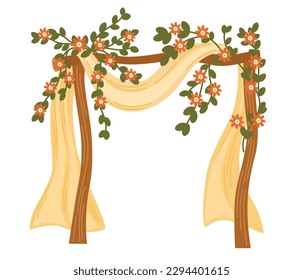 Wedding arch. Decor for marriage ceremony, party and birthday. Wedding Altar with flowers, leaves and branches. Vector hand draw illustration isolated on the white background.