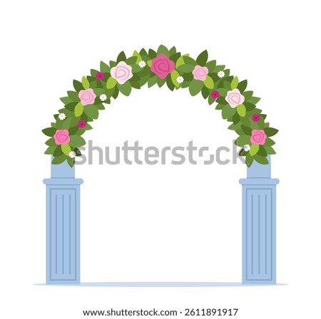 Wedding arch. Decorated arch for wedding ceremony. Wedding decor. Preparation for wedding ceremony. Bride and groom arch.