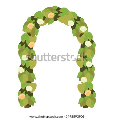 Wedding arch decorated with flowers and green leaves, creating a romantic atmosphere for the ceremony