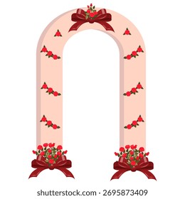 Un arco de boda decorado con tres lazos rojos en la base y la parte superior, así como tres rosas rojas brillantes. Ilustración vectorial aislada en un fondo blanco.