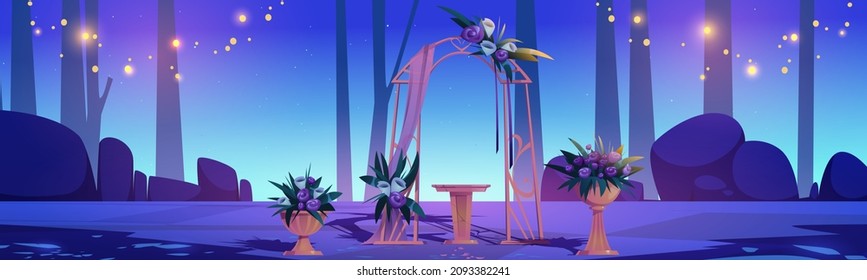 Wedding arch and decoration in night mysterious forest. Wooden vases with flowers and desk stand in dark wood with sparkling lights and scatter petals. Matrimony ceremony, Cartoon vector illustration