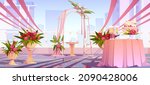 Wedding arch and decoration on skyscraper rooftop. Floral archway with vases, table with cake and scatter petals on roof with cityscape view. Marriage matrimony ceremony, Cartoon vector illustration