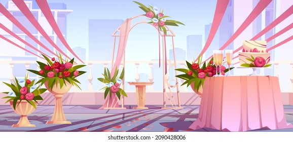 Wedding arch and decoration on skyscraper rooftop. Floral archway with vases, table with cake and scatter petals on roof with cityscape view. Marriage matrimony ceremony, Cartoon vector illustration