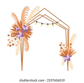 Wedding arch in eco-style. Boho floral decor. A beautiful wedding. Flowers, dry branches and light bulbs