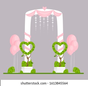 Wedding arch flat vector illustration. Engagement ceremony isolated design element. Marriage event festive decor. Ceremonial archway decorated with white curtains, pink hearts and balloons.