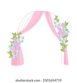 Arco de Boda con flores, hojas y cortinas icono. Elemento principal de la boda de la decoración en diseño floral de la vendimia para el partido exterior. Ilustración vectorial romántica linda de la historieta aislada en el fondo blanco.