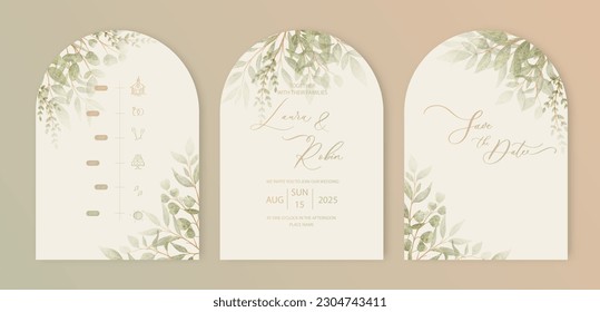 Wedding Arch Invitation with calligraphy and green watercolor botanical leaves. Abstract floral art background vector design for wedding and vip cover template