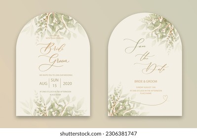 Wedding Arch Invitation with calligraphy and green watercolor botanical leaves. Abstract floral art background vector design for wedding and vip cover template