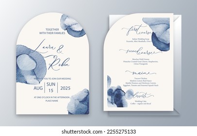 Barras de Invitación de Arco de Boda Diseño de colección de estilo acuarela azul marino. Fondo de textura de color de agua, folleto, plantilla de invitación