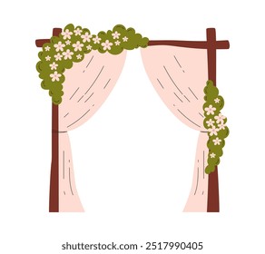 Wedding arch made of wooden beams with a beige curtain, decorated with flowers and greenery. Outdoor ceremony in nature, in the garden or in the forest Vector illustration isolated on white background