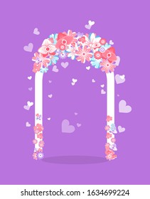 Wedding arch on purple decorated by flowers and hearts, element of romantic ceremony, traditional element for event with plant garland, nobody place vector