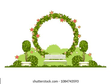 Wedding Arch On A White Background Of Plant Elements And Flowers, Park Beautiful Figures Of Topiary For A Wedding Ceremony In The Form Of A Circle