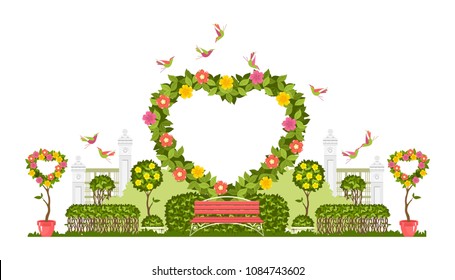 Wedding arch on a white background of plant elements and flowers, park beautiful figures of topiary for a wedding ceremony in the shape of a heart