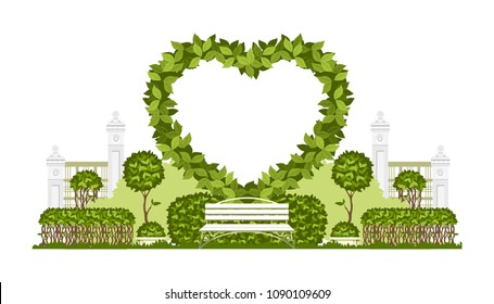 Wedding arch on a white background of plant elements and flowers, park beautiful figures of topiary for a wedding ceremony in the shape of a heart