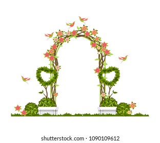 Wedding Arch On A White Background Of Plant Elements And Flowers, Park Beautiful Figures Of Topiary For A Wedding Ceremony