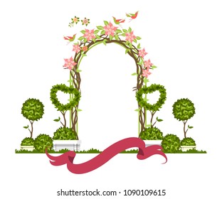 Wedding Arch On A White Background Of Plant Elements And Flowers, Park Beautiful Figures Of Topiary For A Wedding Ceremony