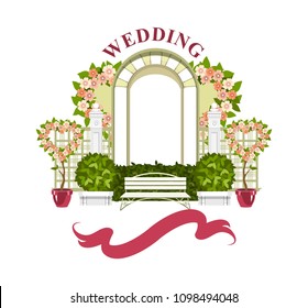 Wedding arch on a white background of plant elements and flowers, park beautiful figures of topiary for a wedding ceremony