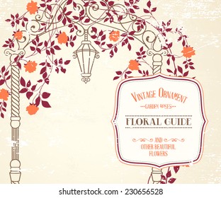 Wedding arch with roses on greeting card. Vector illustration.