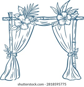 Wedding arch sketch. Hand drawn tropical floral arbor with curtains outline illustration. Line art engraved vector element for beach wedding invitation design.